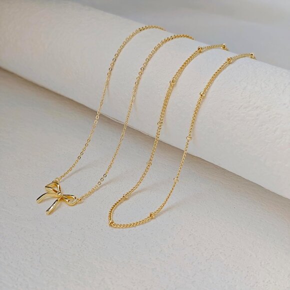 Elegant 14K Gold Bow Necklace for Women - Adjustable Dainty Choker Gift - Picture 6 of 8